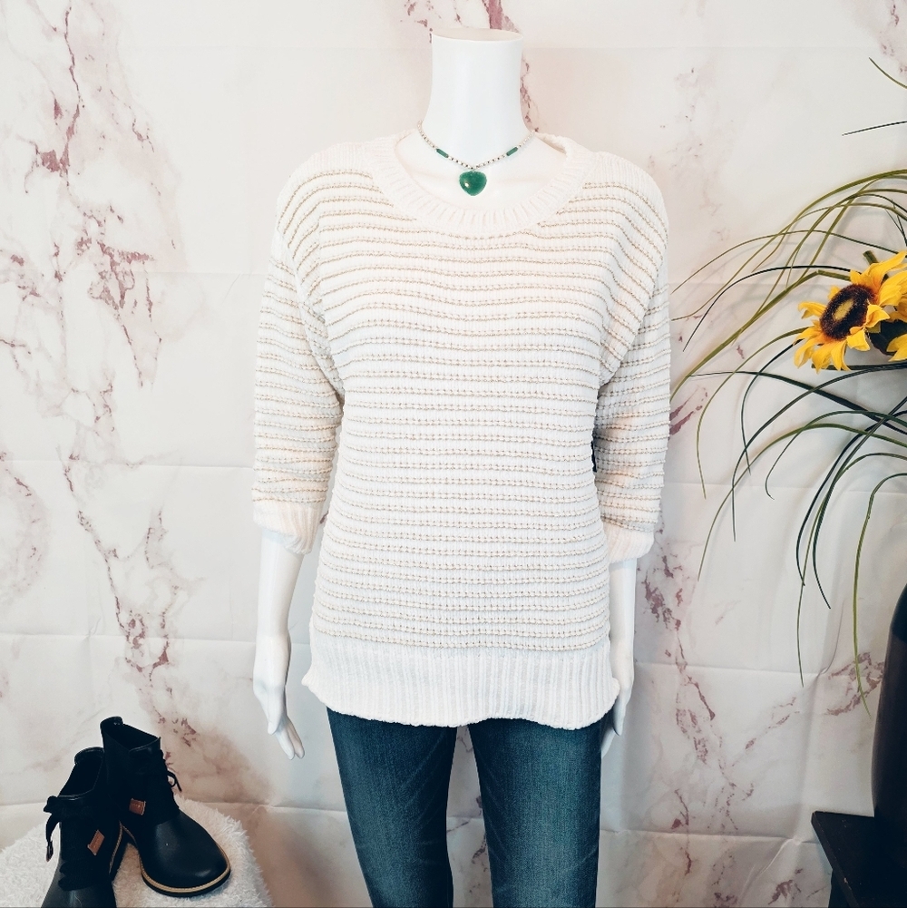 Boston Proper Textured Ribbed Sweater Cream Gold Metallic Stripe Medium NWT